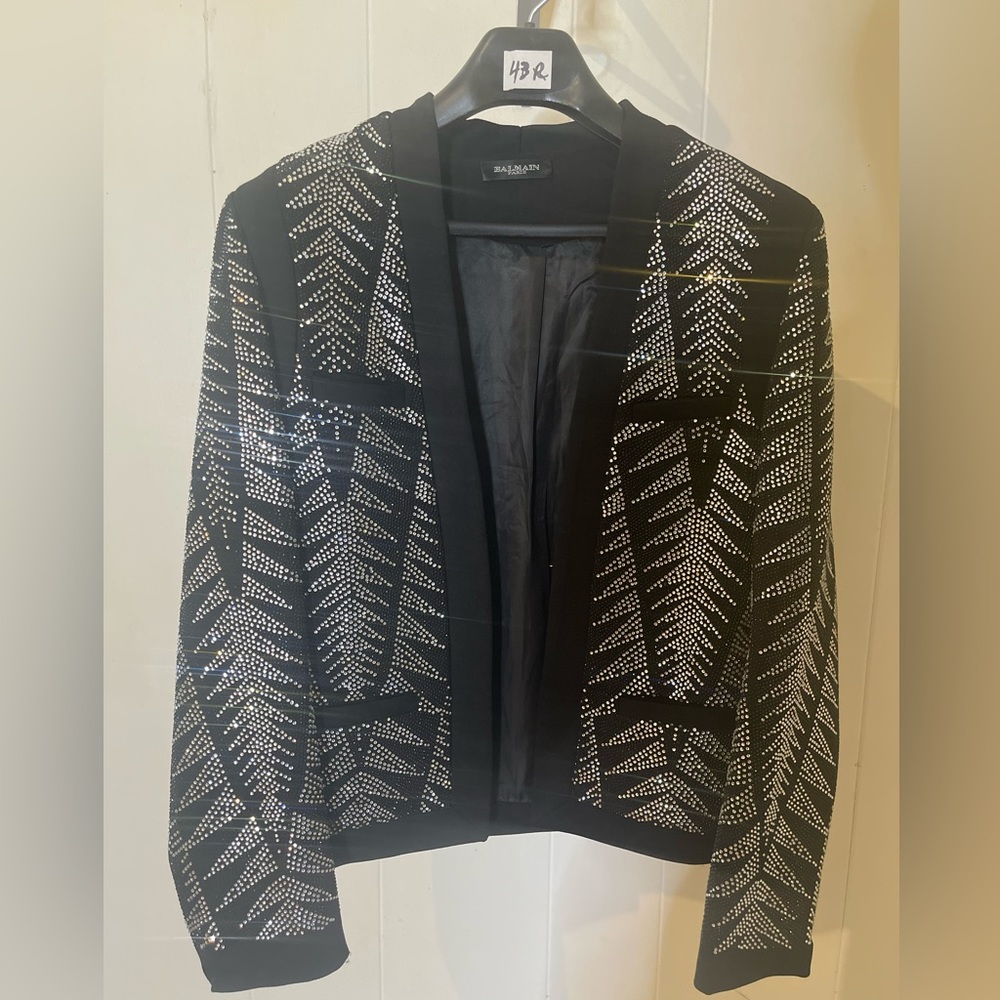 Balmain bomber, black with diamond encrusted embellishment, size 42 EU.